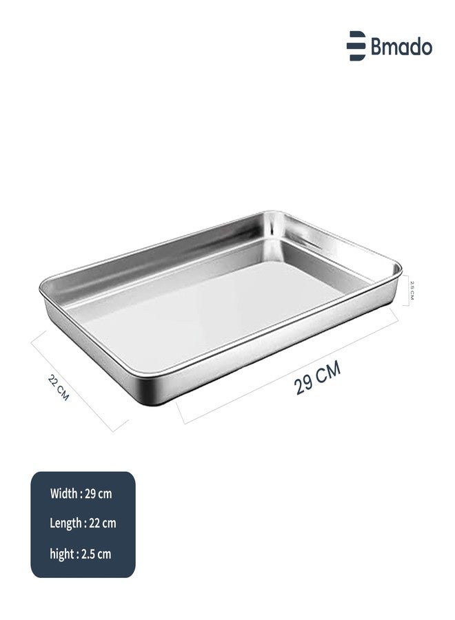 Bmado Versatile Stainless Steel Tray | Kitchen, Hotel & Restaurant Serving Tray for Cakes, Snacks & Tea | Oven Use Partially Recommended | Durable Rust-Free Design (29.5 x 22.5 x 2.5 cm - Medium, Pack of 1) - Image 3